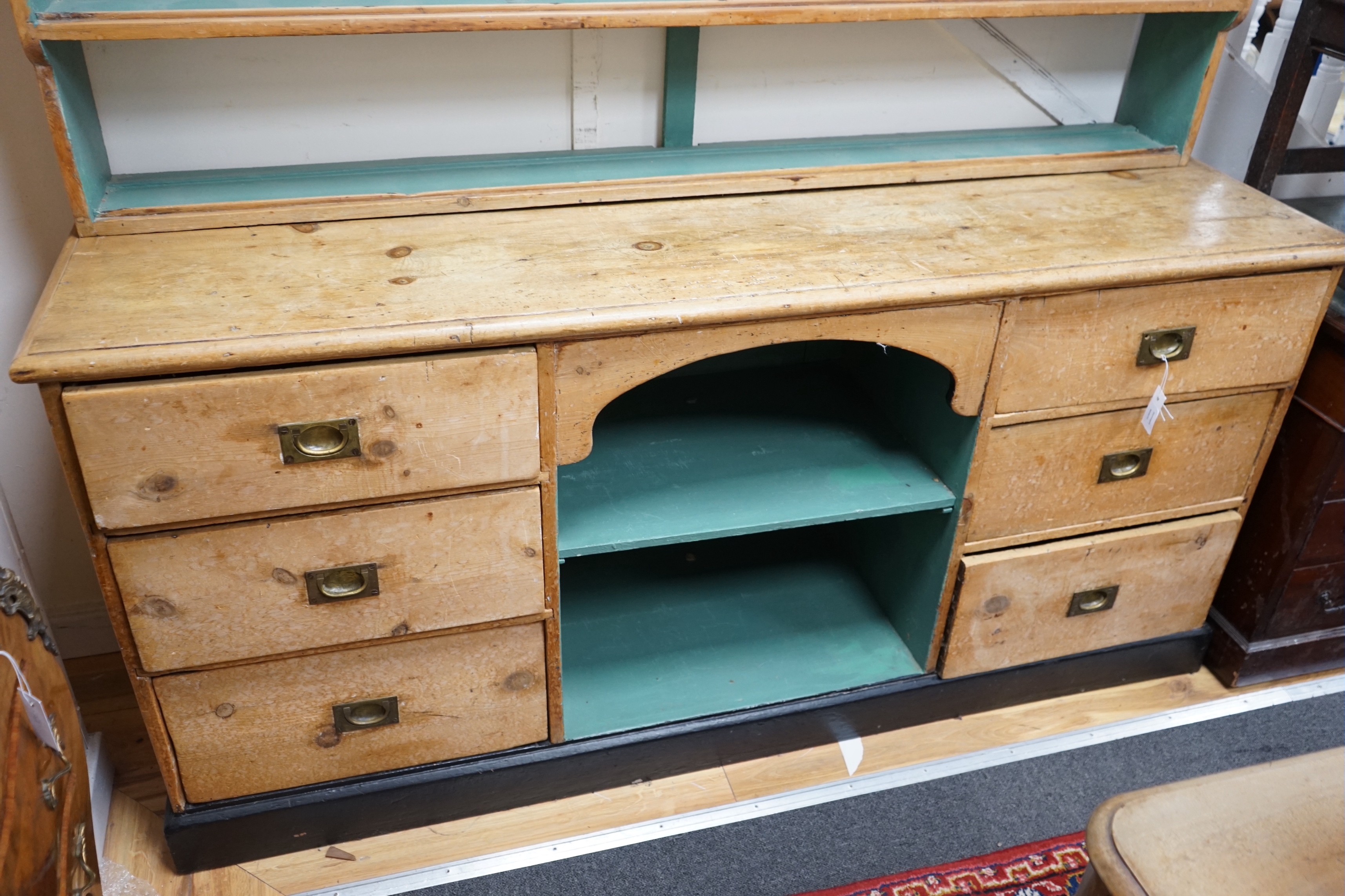 A large Victorian and later pine dresser, width 183cm, depth 55cm, height 216cm
